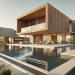 Modern luxury home exterior design render with pool, wood facade, and minimalist architecture