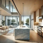 A modern and beautiful kitchen in California with a sleek and stylish island. The design features a spacious layout with white marble countertops