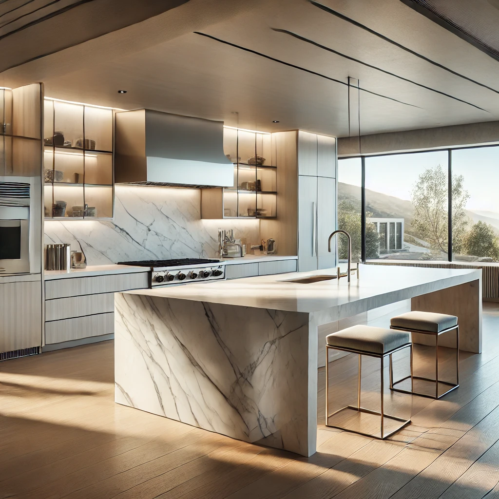 A modern and beautiful kitchen in California with a sleek and stylish island. The design features a spacious layout with white marble countertops.