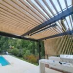 modern pergola with wood slats and outdoor kitchen by pool Los Altos Hills